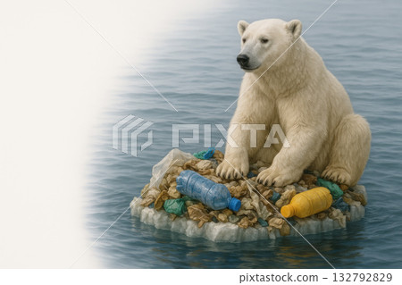 Polar bear on an iceberg of garbage in the ocean. Space for text. 132792829