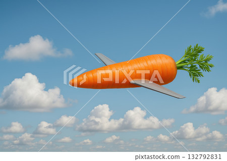 A carrot in the shape of an airplane, flying in the sky. Space for text. A carrot in the shape of an airplane, flying in the sky. Space for text. 132792831