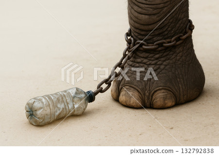 An elephant's leg chained to a plastic bottle. Space for text. An elephant's leg chained to a plastic bottle. Space for text. 132792838