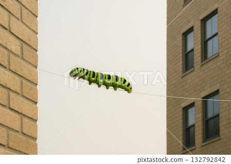 A green caterpillar crawling along a stretched thread between buildings. A green caterpillar crawling along a stretched thread between buildings. 132792842