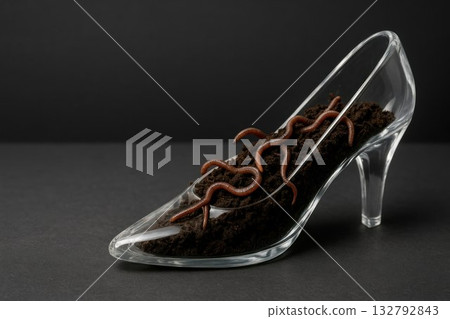 Earthworms in a transparent heeled shoe. Space for text. Earthworms in a transparent heeled shoe. Space for text. 132792843