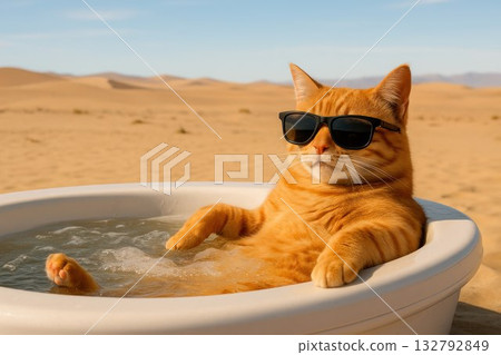 A cat in a jacuzzi in the middle of the desert wearing sunglasses. Space for text. 132792849