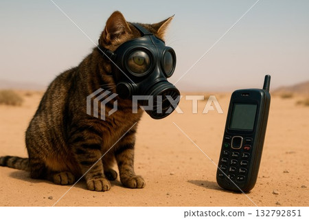 A cat in a gas mask looks at a phone in the desert. A cat in a gas mask looks at a phone in the desert. 132792851