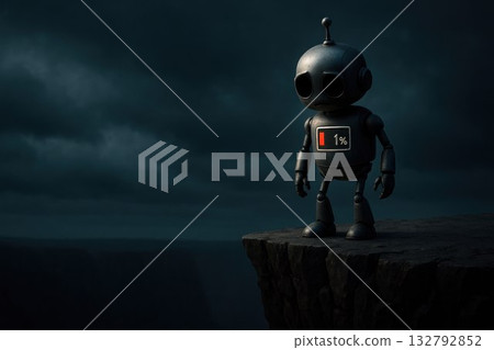 A sad robot with a charge level of 1 percent on the edge of a cliff. Space for text. 132792852