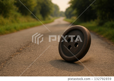 A large wooden button rolling down the road. Space for text. 132792859