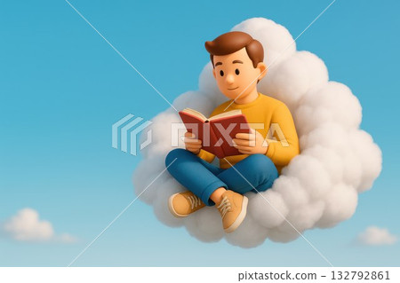 A man is sitting on a cloud and reading a book. Space for text. A man is sitting on a cloud and reading a book. Space for text. 132792861