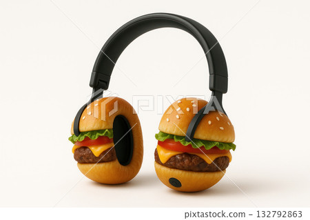 Headphones from burgers with cheese and salad. 132792863