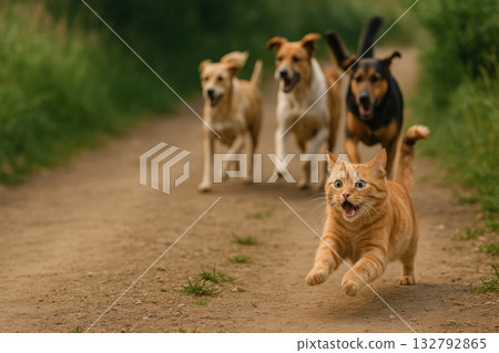 A ginger cat runs away from dogs on a dusty road. Space for text. 132792865