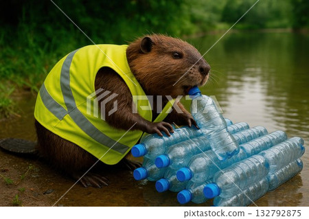 A beaver in a vest gnaws on a plastic bottle. 132792875