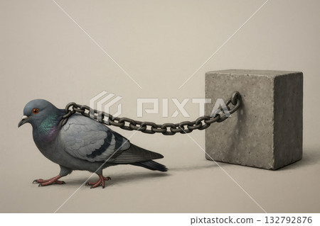 A pigeon chained to a concrete block. Space for text. A pigeon chained to a concrete block. Space for text. 132792876