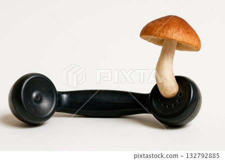 The mushroom grew out of a retro telephone handset. Space for text. The mushroom grew out of a retro telephone handset. Space for text. 132792885
