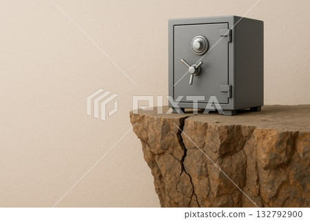 The safe stands on the edge of the cliff. Space for text. 132792900