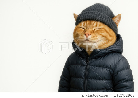 A ginger cat in a winter jacket and hat is smiling. Space for text. A ginger cat in a winter jacket and hat is smiling. Space for text. 132792903