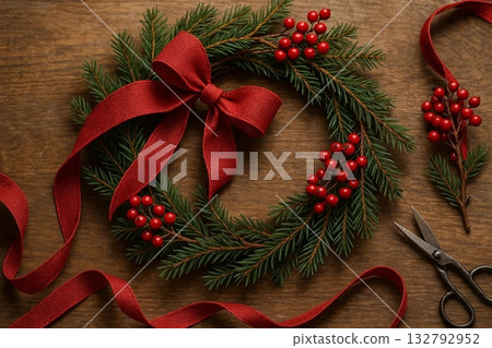 Christmas Wreath with Red Berries and Bow Christmas Wreath with Red Berries and Bow 132792952