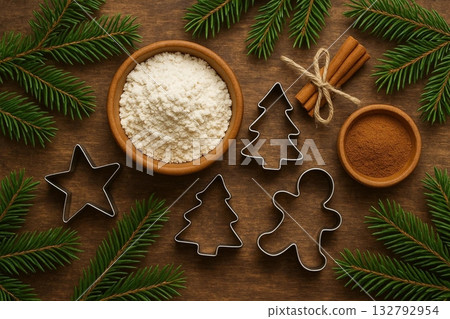 Christmas Cookie Cutters and Flour in a Bow Christmas Cookie Cutters and Flour in a Bow 132792954