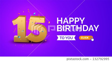 Golden number fifteen happy birthday greeting card confetti purple background celebration party 132792995