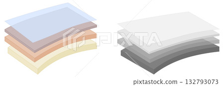 Simple four layers or fabric diagram. Various thickness, colors and gray version, top layer opaque, sheets are slightly bent Simple four layers or fabric diagram. Various thickness, colors and gray version, top layer opaque, sheets are slightly bent 132793073