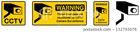 Yellow CCTV in operation sign, simple black surveillance camera drawing with text below 132793076