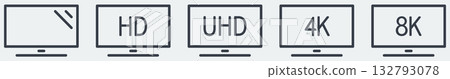 Set of simple display or movie resolution icons, line tv screen drawing with text inside Set of simple display or movie resolution icons, line tv screen drawing with text inside 132793078