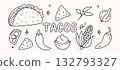 Tacos doodle set hand drawn Mexican food illustration with chili pepper, corn, tortilla chips and sauce 132793327