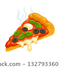 Vector food illustration of pizza slice with melting cheese, olives, basil leaves and sauce  132793360