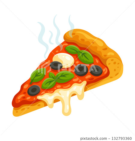 Vector food illustration of pizza slice with melting cheese, olives, basil leaves and sauce Vector food illustration of pizza slice with melting cheese, olives, basil leaves and sauce 132793360