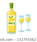 Vector illustration of bottle of Italian limoncello with two glasses with lemon liqueur  132793362
