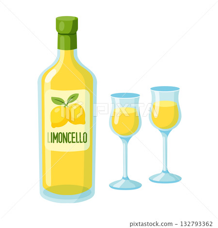 Vector illustration of bottle of Italian limoncello with two glasses with lemon liqueur Vector illustration of bottle of Italian limoncello with two glasses with lemon liqueur 132793362