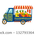 Vibrant street fruit cart with exotic produce and traditional truck art on white background 132793364