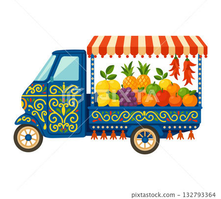 Vibrant street fruit cart with exotic produce and traditional truck art on white background 132793364
