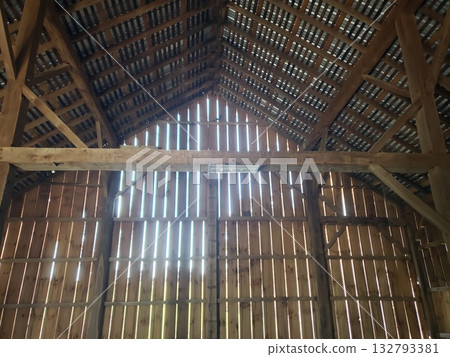 Interior of a Bank Barn with Intricate Wood Beams 132793381