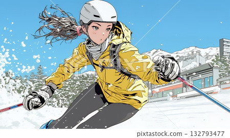 年輕女子享受滑雪 132793477