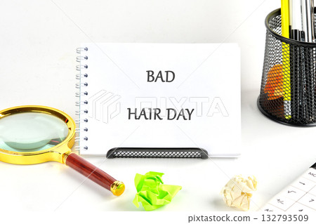 At the office a white notepad displays bad hair day. Nearby are a magnifying glass, crumpled papers, a pen holder with pens, and a calculator At the office a white notepad displays bad hair day. Nearby are a magnifying glass, crumpled papers, a pen holder with pens, and a calculator 132793509