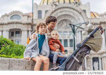 Father tourist with his two sons in front of Palacio de Bellas Artes in Mexico City, enjoying family vacation, cultural exploration, and architecture. Family travel and bonding concept 132793825