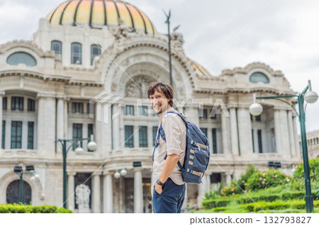 Male tourist standing in front of Palacio de Bellas Artes in Mexico City, highlighting travel, architecture, and cultural heritage. Urban tourism and exploration concept 132793827