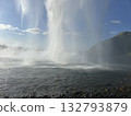 This is a photo of the powerful waterfall and splashing water seen from behind the pool of Seljalandsfoss, a waterfall in southern Iceland. 132793879