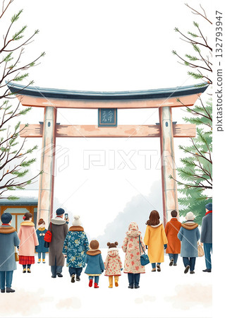 People heading to the torii gate for the first visit of the year. A watercolor illustration perfect for New Year's cards and New Year's celebrations. 132793947