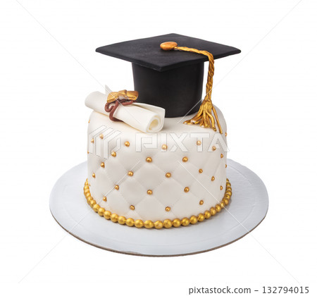 Sophisticated academic celebration dessert, Luxury cake adorned for commencement event celebration, Refined bakery creation featuring diploma and mortarboard decorations Sophisticated academic celebration dessert, Luxury cake adorned for commencement event celebration, Refined bakery creation featuring diploma and mortarboard decorations 132794015