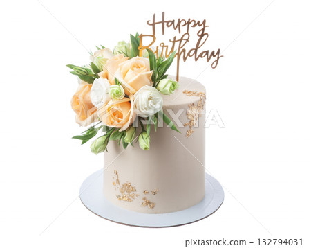 Beautiful flower dessert, Classy celebration cake featuring fresh flower arrangements, Elegant confectionery decorated with blooming flowers and shimmering gold 132794031