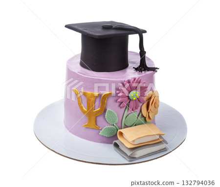 Customized cake featuring psychology symbols for graduation celebration, Artisan bakery cake adorned with psychology motifs and academic symbols for graduation event 132794036