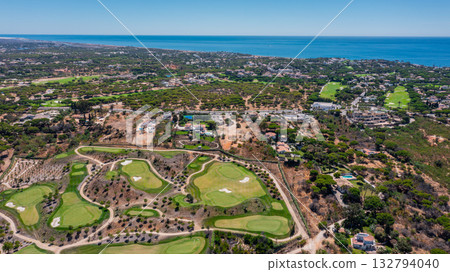 Vale de Lobo, Quinta de Lago, Faro, Portugal, aerial, Overhead view showcasing golf course elements for marketing purposes, Comprehensive aerial perspective highlighting Vale de Lobo, Quinta de Lago, Faro, Portugal, aerial, Overhead view showcasing golf course elements for marketing purposes, Comprehensive aerial perspective highlighting 132794040