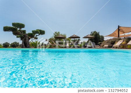 Luxurious swimming area featuring peaceful ambiance and rich foliage, Exquisite pool setting with tranquil atmosphere accented by thriving greenery and serenity 132794052