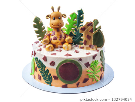 Birthday giraffe cake, First birthday celebration cake featuring cute giraffe decoration, Handcrafted festive cake with giraffe topper and tropical foliage for special 132794054