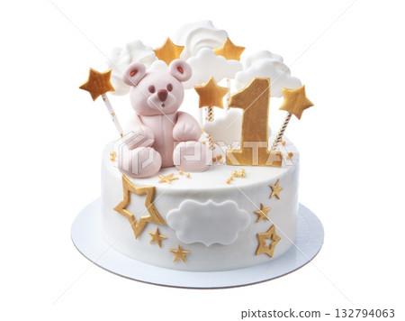 Charming first birthday cake featuring teddy bears and shiny embellishments, Delightful first birthday celebration cake decorated with plush bear topper and shining stars Charming first birthday cake featuring teddy bears and shiny embellishments, Delightful first birthday celebration cake decorated with plush bear topper and shining stars 132794063