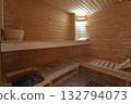 Serene wooden sauna with comfort, Relaxing environment featuring cedarpaneled sauna interior, Warm cedarlined sauna with tiered benches and gentle lighting for peace 132794073