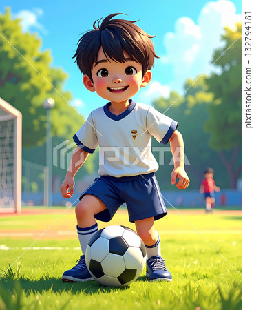 A boy kicking a soccer ball 132794181