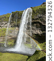 This is a view of Seljalandsfoss, a waterfall in southern Iceland, from the front right, with a beautiful rainbow miraculously forming in the foreground. 132794326