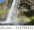 This is Seljalandsfoss, a waterfall in southern Iceland, seen from the front right, with a straight waterfall and a miraculous rainbow. 132794351