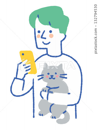 A man holding a cat and looking at his smartphone_Color 132794530