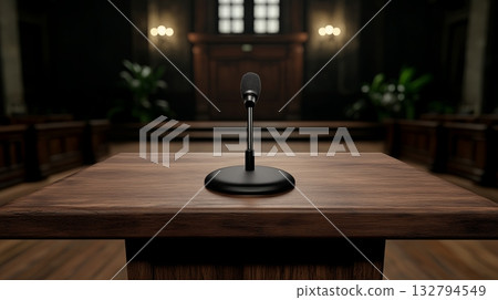 Live performance setting with microphone on stage against dark background 132794549